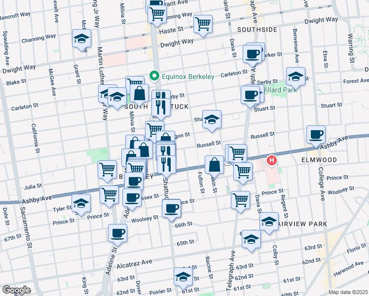 map of restaurants, bars, coffee shops, grocery stores, and more near 2131 Russell Street in Berkeley