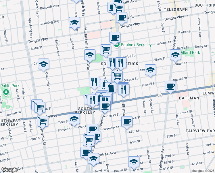 map of restaurants, bars, coffee shops, grocery stores, and more near 1938 Oregon Street in Berkeley