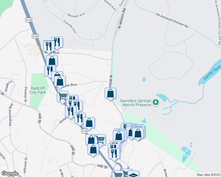 map of restaurants, bars, coffee shops, grocery stores, and more near 1403 North Wilson Road in Radcliff