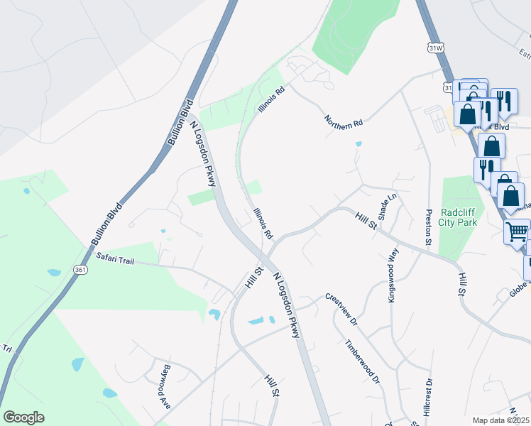 map of restaurants, bars, coffee shops, grocery stores, and more near 1514 Illinois Road in Radcliff