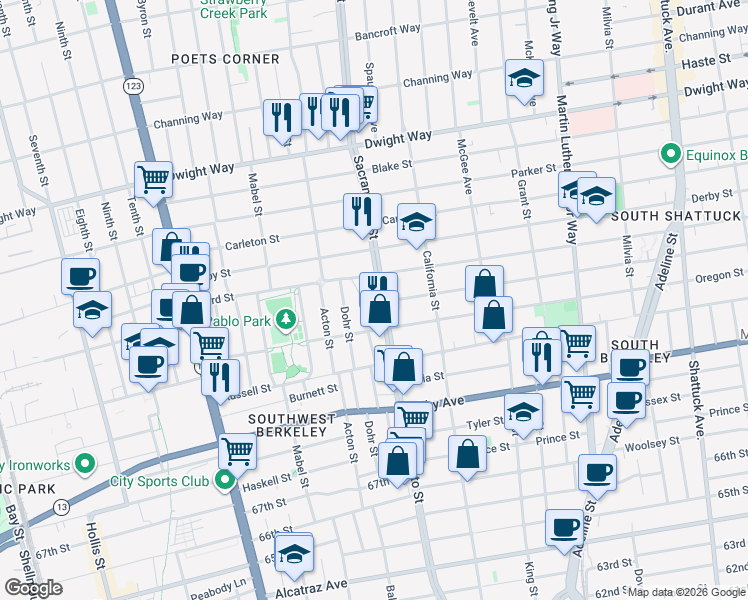 map of restaurants, bars, coffee shops, grocery stores, and more near 2790 Sacramento Street in Berkeley