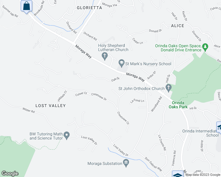 map of restaurants, bars, coffee shops, grocery stores, and more near 42 Crestview Drive in Orinda