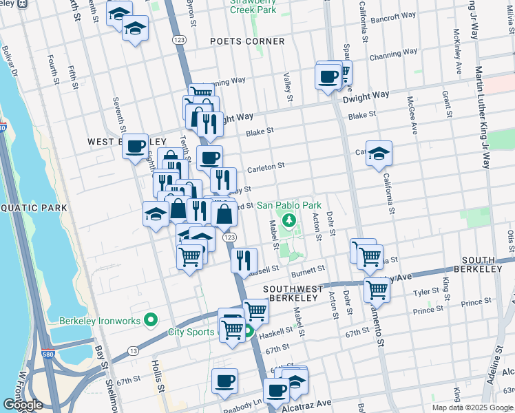 map of restaurants, bars, coffee shops, grocery stores, and more near 2725 Mathews Street in Berkeley