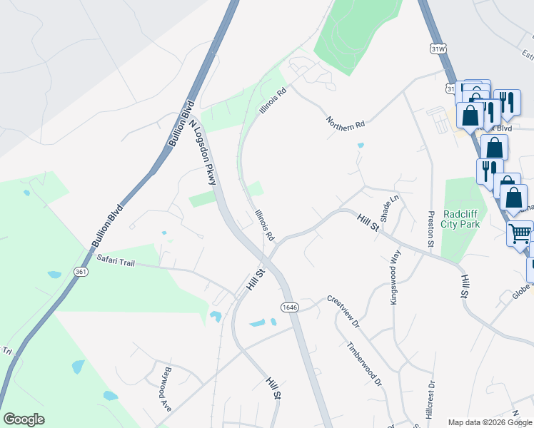 map of restaurants, bars, coffee shops, grocery stores, and more near 1514 Illinois Road in Radcliff