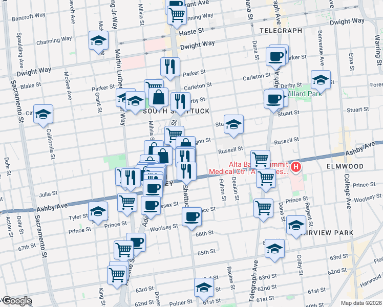 map of restaurants, bars, coffee shops, grocery stores, and more near 2121 Russell Street in Berkeley