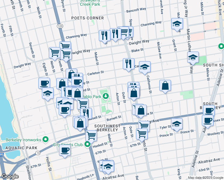 map of restaurants, bars, coffee shops, grocery stores, and more near 2733 Park Street in Berkeley