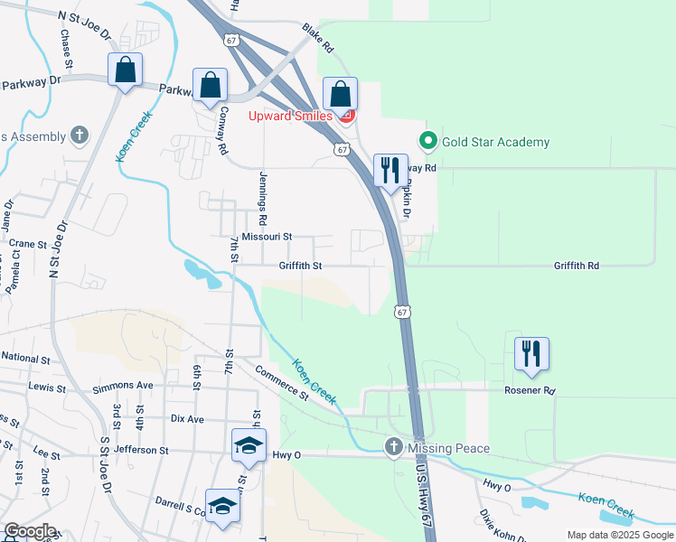 map of restaurants, bars, coffee shops, grocery stores, and more near 1007 Griffith Street in Park Hills