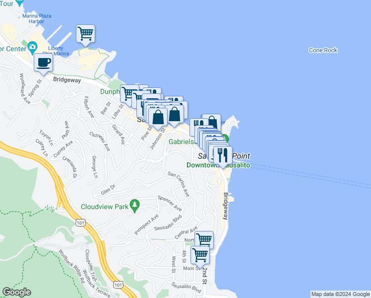 map of restaurants, bars, coffee shops, grocery stores, and more near 168 Harrison Avenue in Sausalito