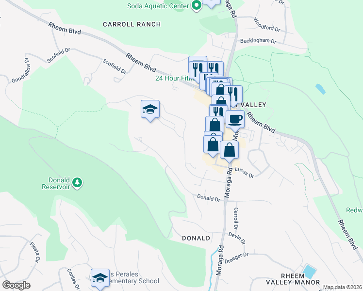 map of restaurants, bars, coffee shops, grocery stores, and more near 2036 Ascot Drive in Moraga