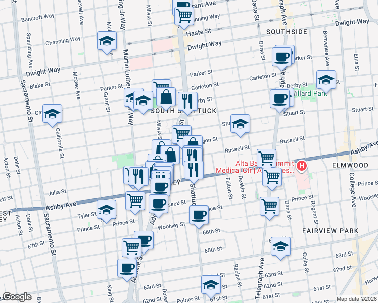 map of restaurants, bars, coffee shops, grocery stores, and more near Shattuck Avenue in Berkeley