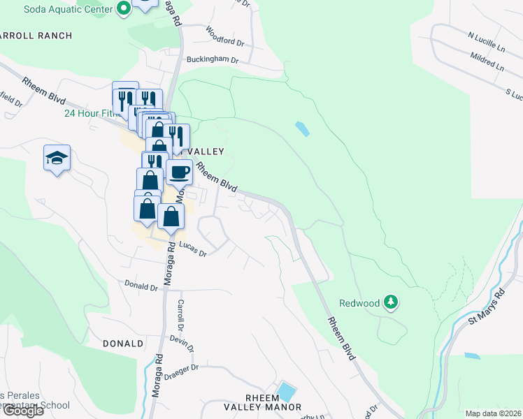 map of restaurants, bars, coffee shops, grocery stores, and more near 503 Woodminster Drive in Moraga