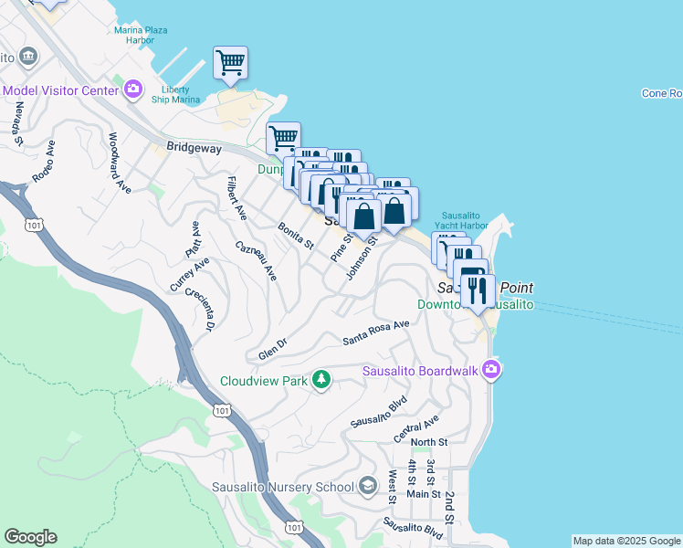 map of restaurants, bars, coffee shops, grocery stores, and more near 439 Johnson Street in Sausalito