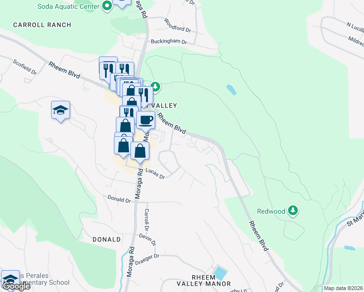 map of restaurants, bars, coffee shops, grocery stores, and more near 551 Chalda Way in Moraga