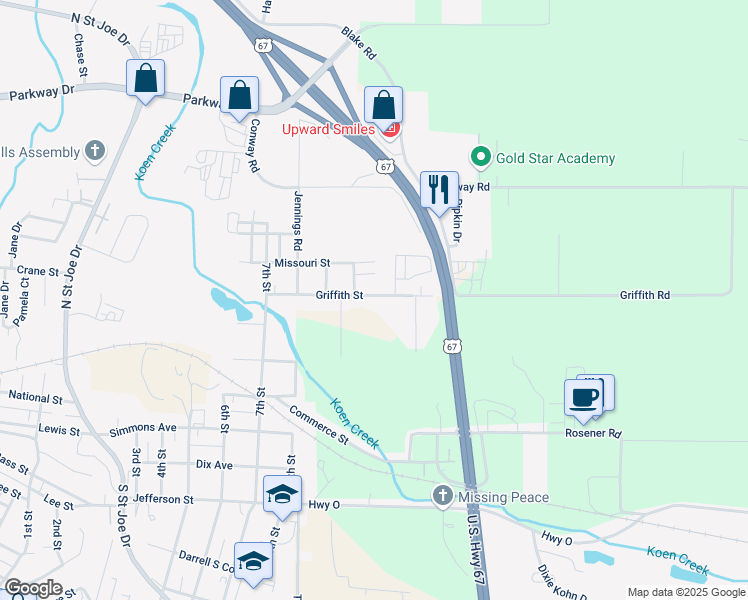 map of restaurants, bars, coffee shops, grocery stores, and more near 1007 Griffith Street in Park Hills