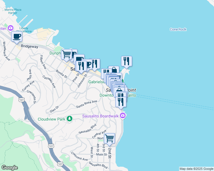 map of restaurants, bars, coffee shops, grocery stores, and more near 801 Bridgeway in Sausalito