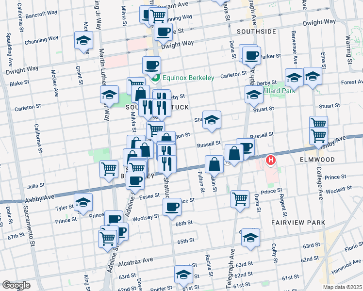 map of restaurants, bars, coffee shops, grocery stores, and more near 2131 Russell Street in Berkeley