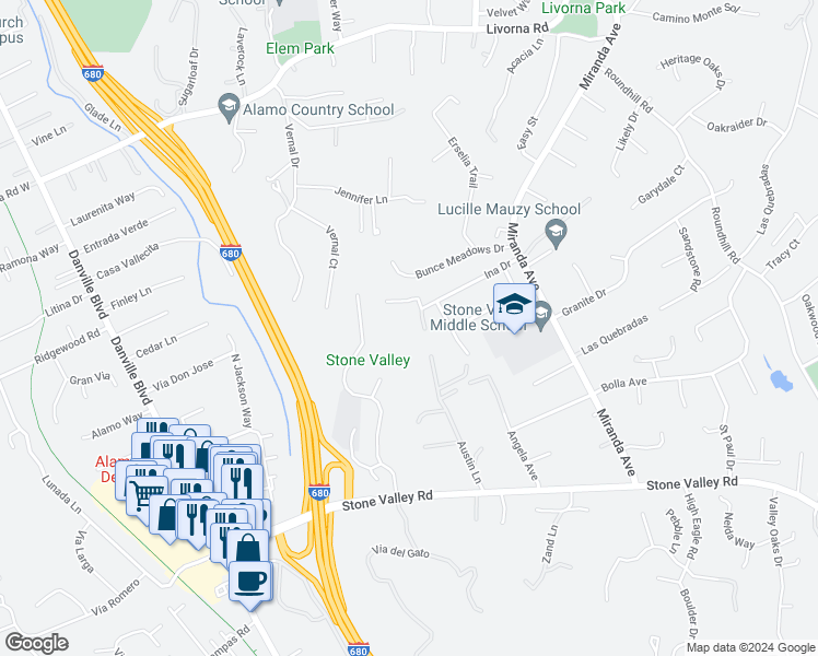 map of restaurants, bars, coffee shops, grocery stores, and more near 1055 Ina Drive in Alamo