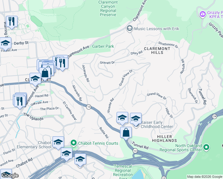 map of restaurants, bars, coffee shops, grocery stores, and more near 156 Vicente Road in Berkeley