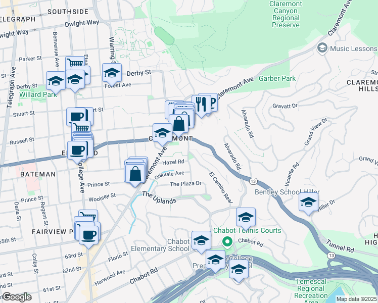 map of restaurants, bars, coffee shops, grocery stores, and more near El Camino Real & Domingo Avenue in Berkeley