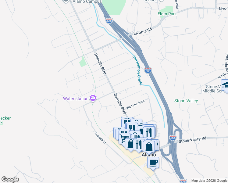 map of restaurants, bars, coffee shops, grocery stores, and more near Danville Boulevard & Ridgewood Road in Alamo