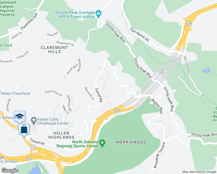 map of restaurants, bars, coffee shops, grocery stores, and more near 220 Caldecott Lane in Oakland