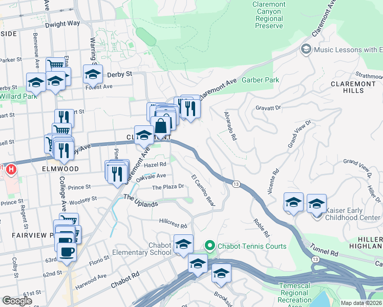 map of restaurants, bars, coffee shops, grocery stores, and more near 20 Oak Ridge Road in Berkeley