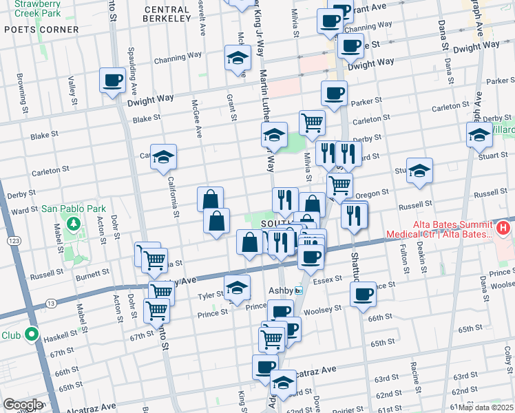 map of restaurants, bars, coffee shops, grocery stores, and more near 1805 Oregon Street in Berkeley