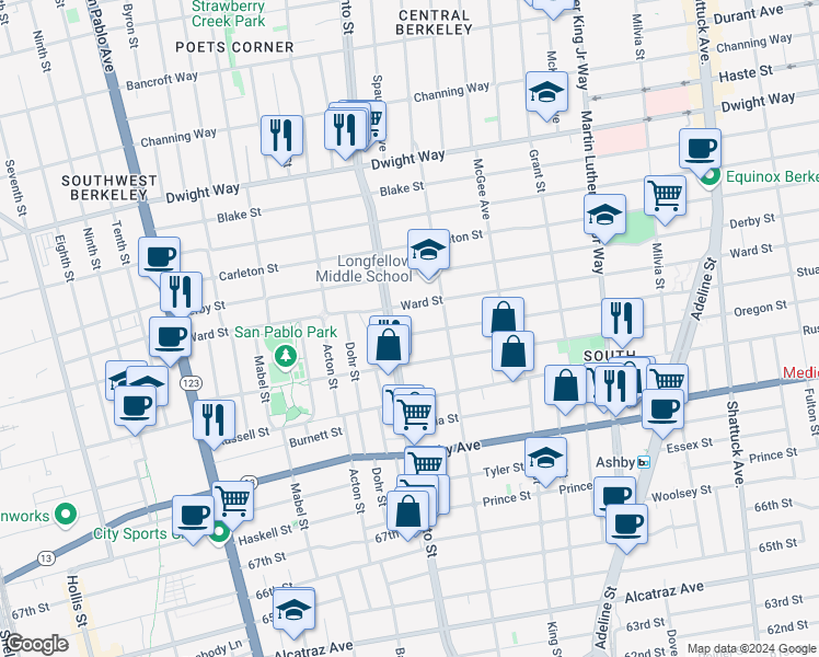 map of restaurants, bars, coffee shops, grocery stores, and more near 1536 Stuart Street in Berkeley