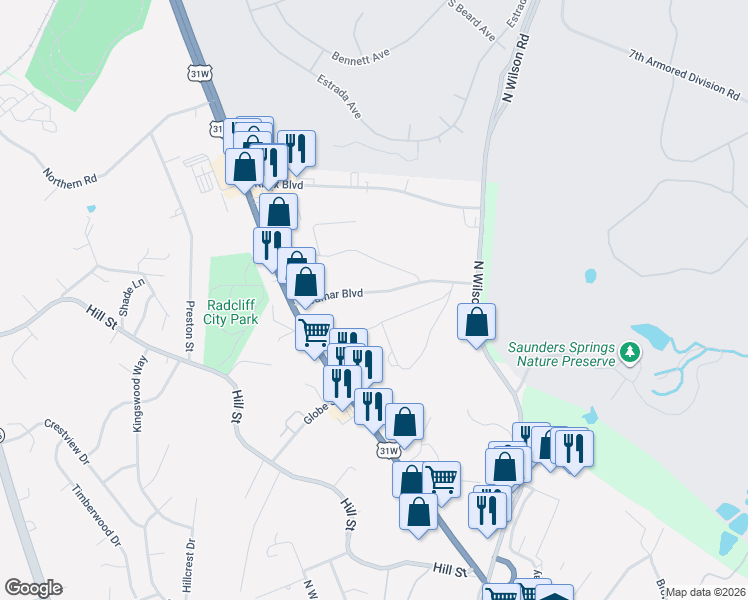 map of restaurants, bars, coffee shops, grocery stores, and more near 233 Redmar Lane in Radcliff