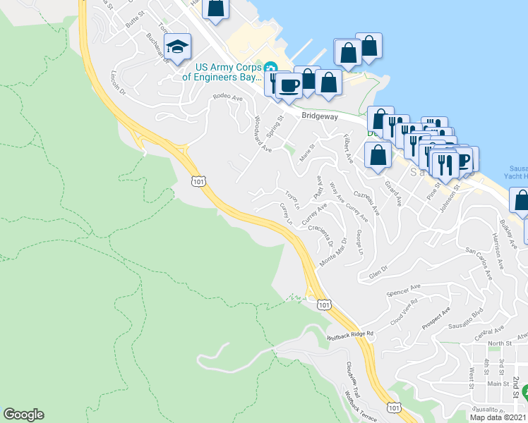 map of restaurants, bars, coffee shops, grocery stores, and more near 285 Currey Lane in Sausalito