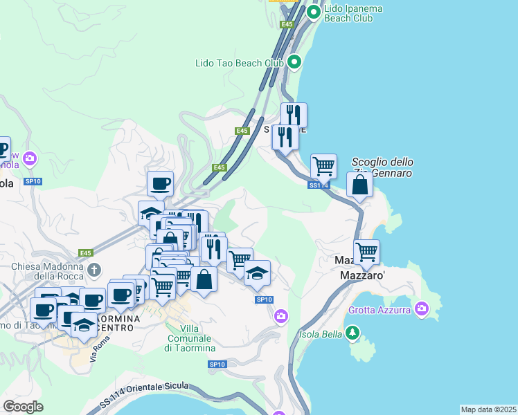 map of restaurants, bars, coffee shops, grocery stores, and more near 11 Via Porta Pasquale in Taormina
