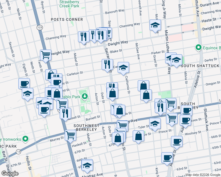 map of restaurants, bars, coffee shops, grocery stores, and more near 2790 Sacramento Street in Berkeley
