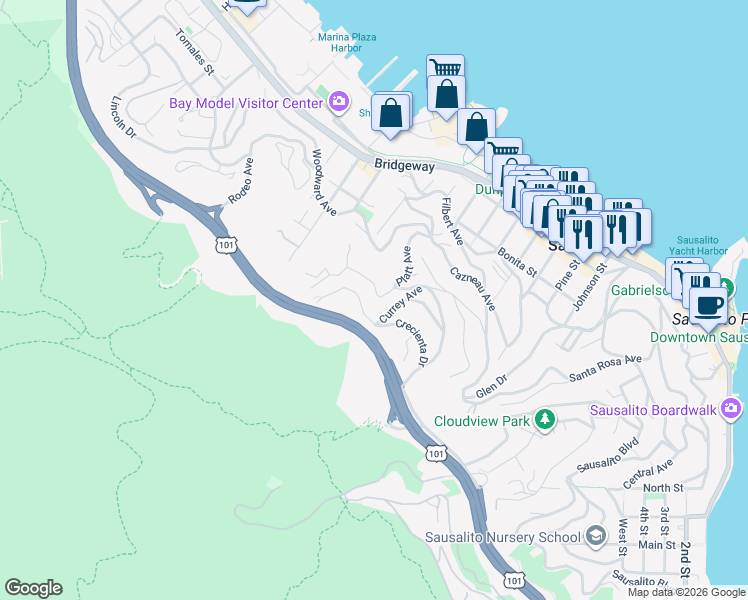 map of restaurants, bars, coffee shops, grocery stores, and more near 220 Currey Lane in Sausalito