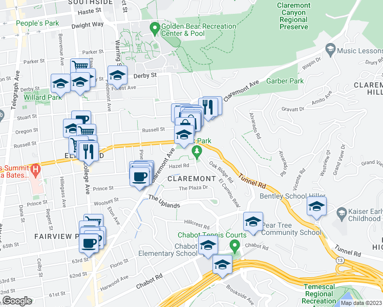 map of restaurants, bars, coffee shops, grocery stores, and more near 30 Domingo Avenue in Berkeley