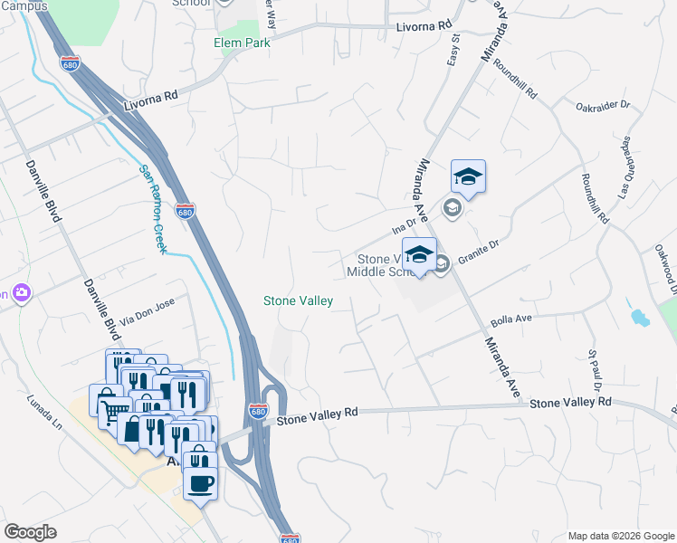map of restaurants, bars, coffee shops, grocery stores, and more near 1055 Ina Drive in Alamo