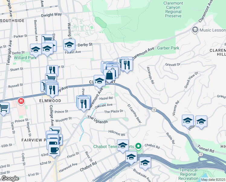 map of restaurants, bars, coffee shops, grocery stores, and more near 30 Domingo Avenue in Berkeley