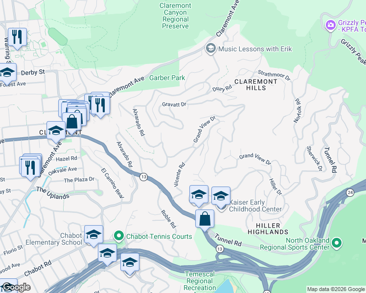 map of restaurants, bars, coffee shops, grocery stores, and more near 156 Vicente Road in Berkeley