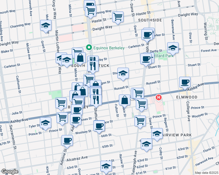 map of restaurants, bars, coffee shops, grocery stores, and more near 2131 Russell Street in Berkeley