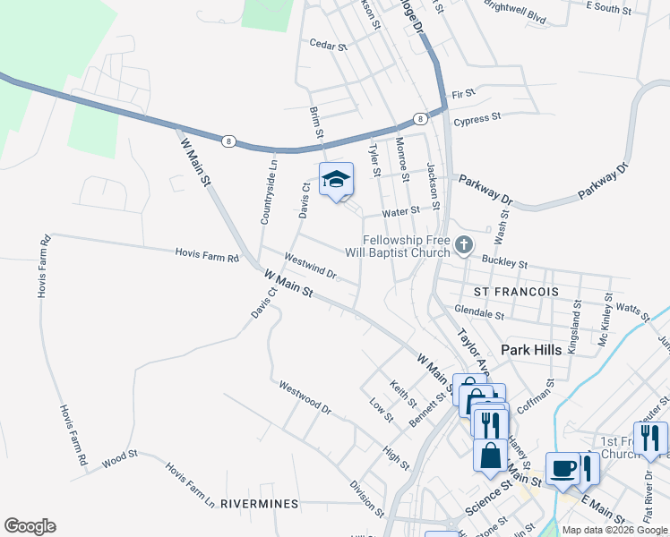 map of restaurants, bars, coffee shops, grocery stores, and more near 709 Westwind Drive in Park Hills