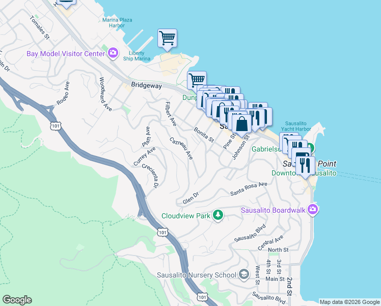 map of restaurants, bars, coffee shops, grocery stores, and more near 100 Cazneau Avenue in Sausalito