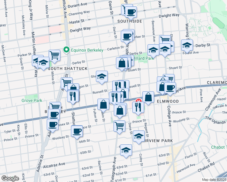 map of restaurants, bars, coffee shops, grocery stores, and more near 2314 Russell Street in Berkeley