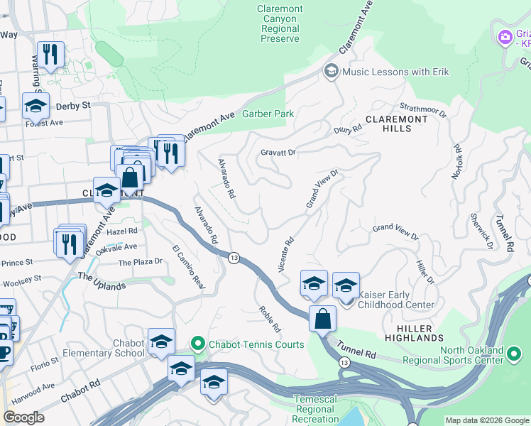 map of restaurants, bars, coffee shops, grocery stores, and more near 244 Alvarado Road in Berkeley