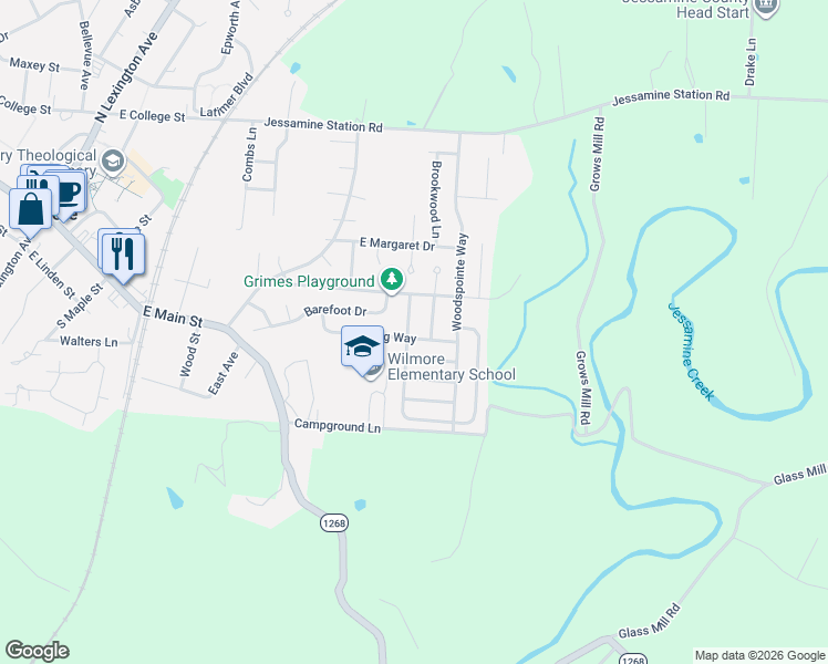 map of restaurants, bars, coffee shops, grocery stores, and more near 303 Winding Way in Wilmore