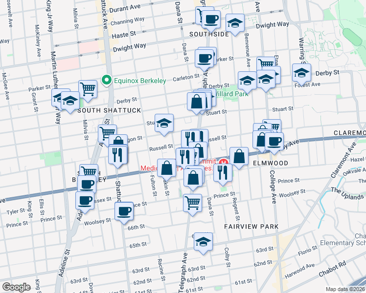 map of restaurants, bars, coffee shops, grocery stores, and more near 2314 Russell Street in Berkeley