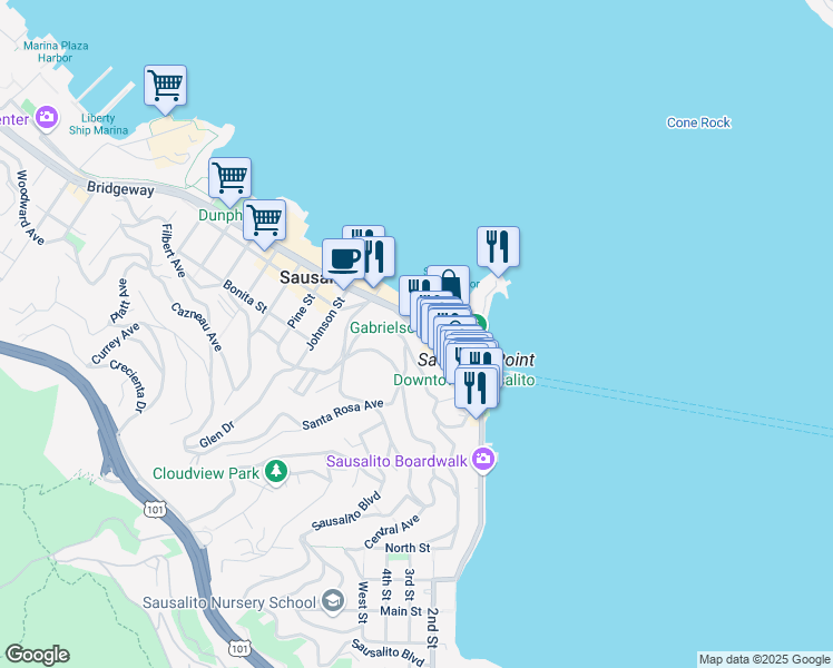 map of restaurants, bars, coffee shops, grocery stores, and more near 801 Bridgeway in Sausalito