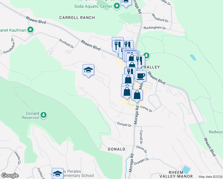 map of restaurants, bars, coffee shops, grocery stores, and more near 2031 Ascot Drive in Moraga