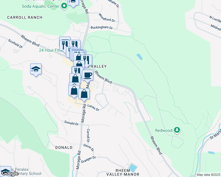 map of restaurants, bars, coffee shops, grocery stores, and more near 490 Rheem Boulevard in Moraga