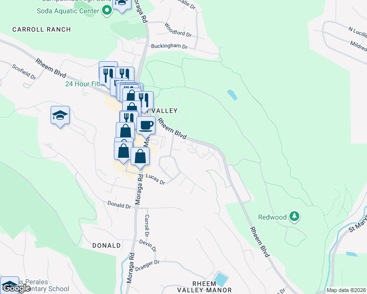 map of restaurants, bars, coffee shops, grocery stores, and more near 490 Rheem Boulevard in Moraga