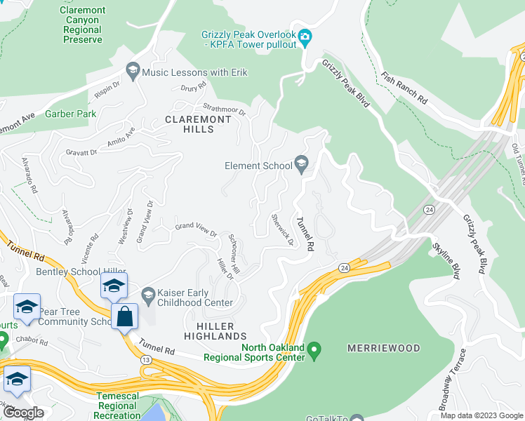 map of restaurants, bars, coffee shops, grocery stores, and more near 6874 Buckingham Boulevard in Berkeley