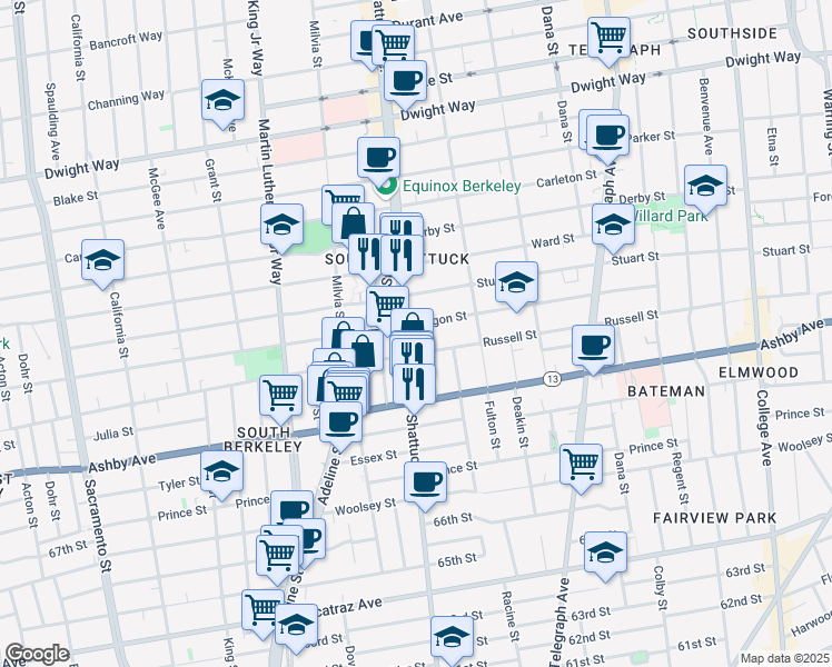 map of restaurants, bars, coffee shops, grocery stores, and more near 2847 Shattuck Avenue in Berkeley